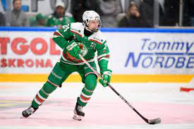 A hockey player in green and white uniform with the stick.