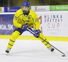 A hockey player in yellow and blue uniform.