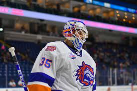 A goalie in the middle of his team 's game.